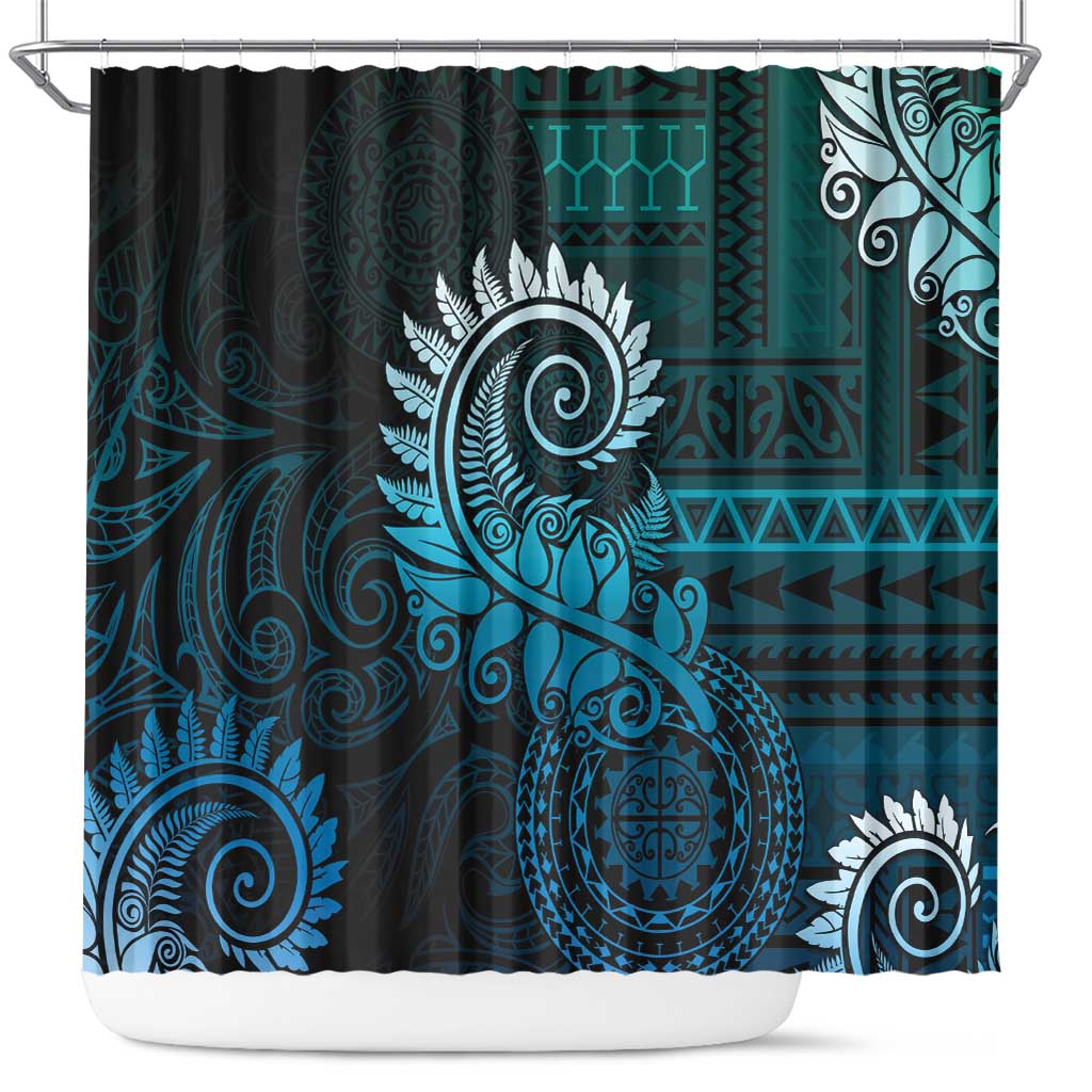 New Zealand Maori Koru Fern Shower Curtain Spiral Polynesian Style Aqua Gradient