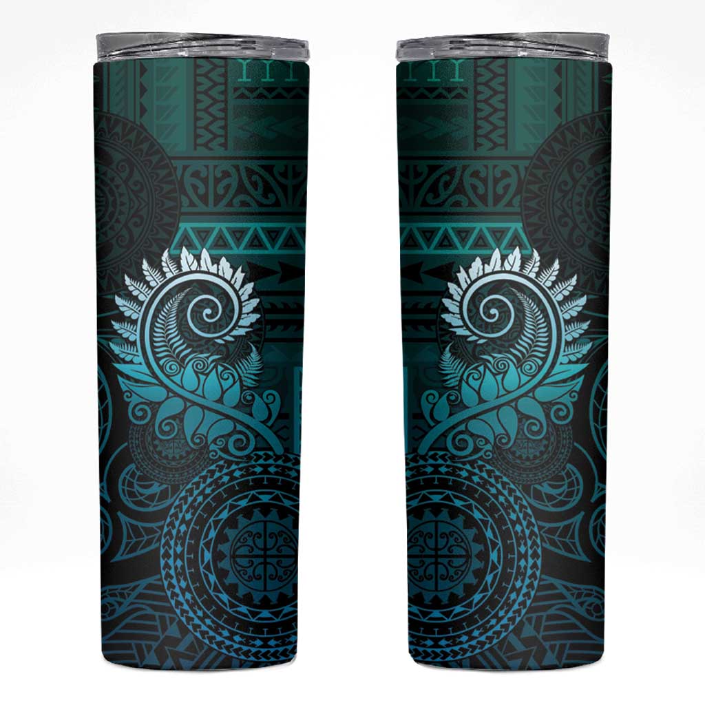 New Zealand Maori Koru Fern Skinny Tumbler Spiral Polynesian Style Aqua Gradient