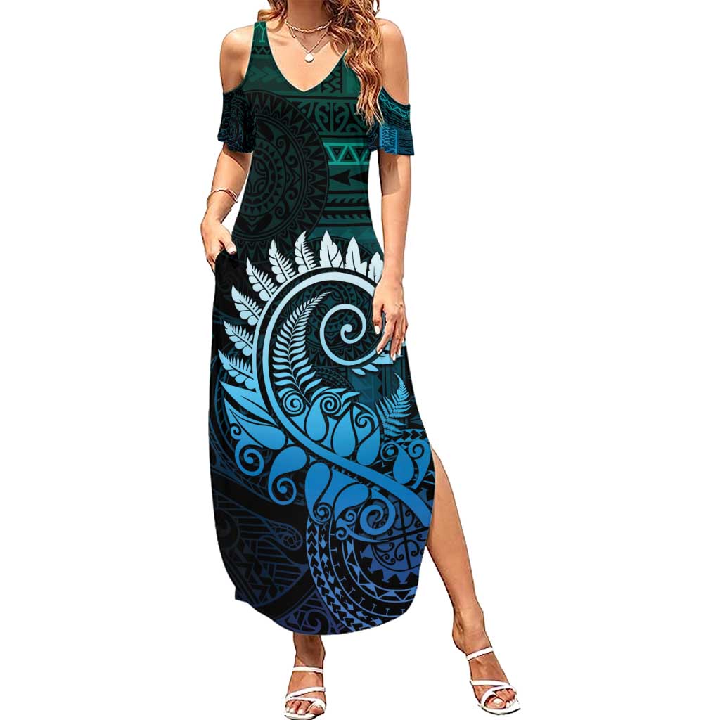 New Zealand Maori Koru Fern Summer Maxi Dress Spiral Polynesian Style Aqua Gradient LT05 Women Aqua - Polynesian Pride