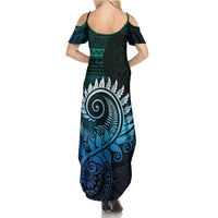 New Zealand Maori Koru Fern Summer Maxi Dress Spiral Polynesian Style Aqua Gradient LT05 - Polynesian Pride