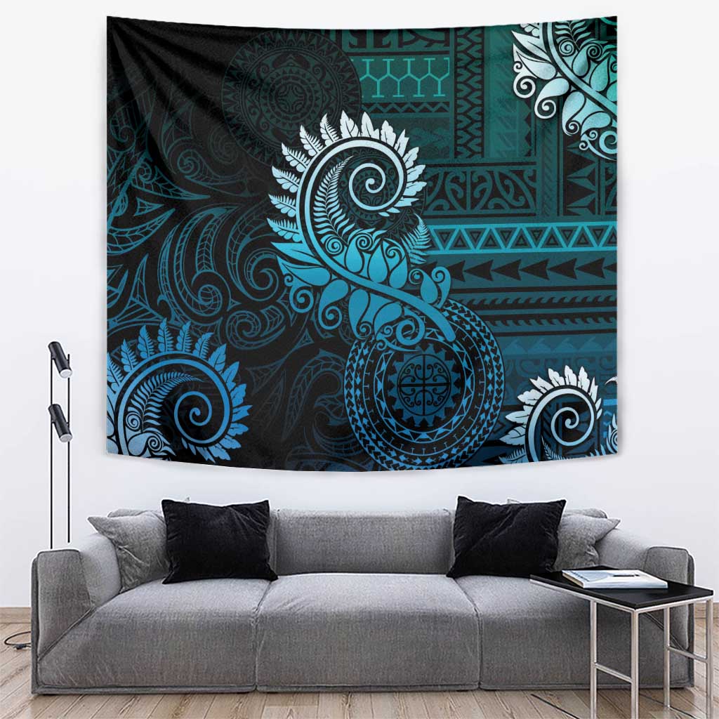 New Zealand Maori Koru Fern Tapestry Spiral Polynesian Style Aqua Gradient