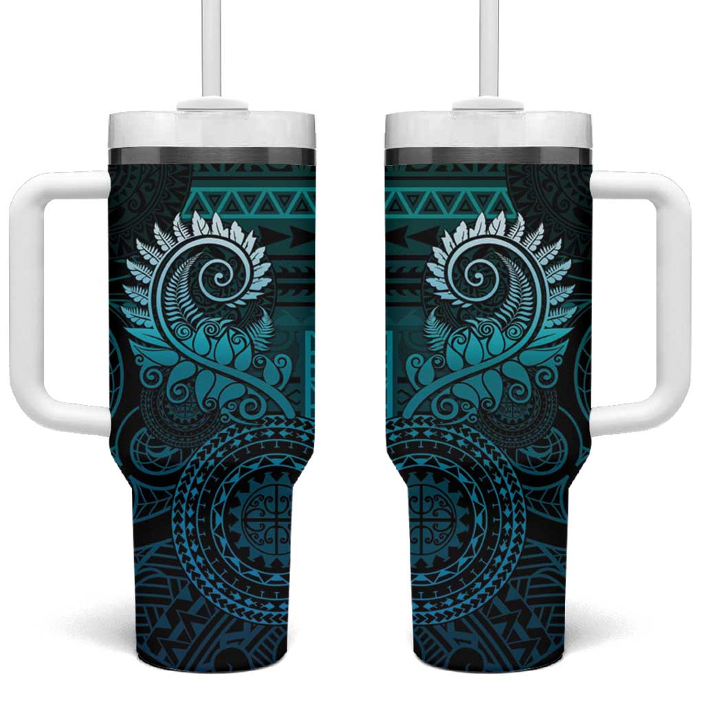 New Zealand Maori Koru Fern Tumbler With Handle Spiral Polynesian Style Aqua Gradient LT05 One Size: 40 oz Aqua - Polynesian Pride