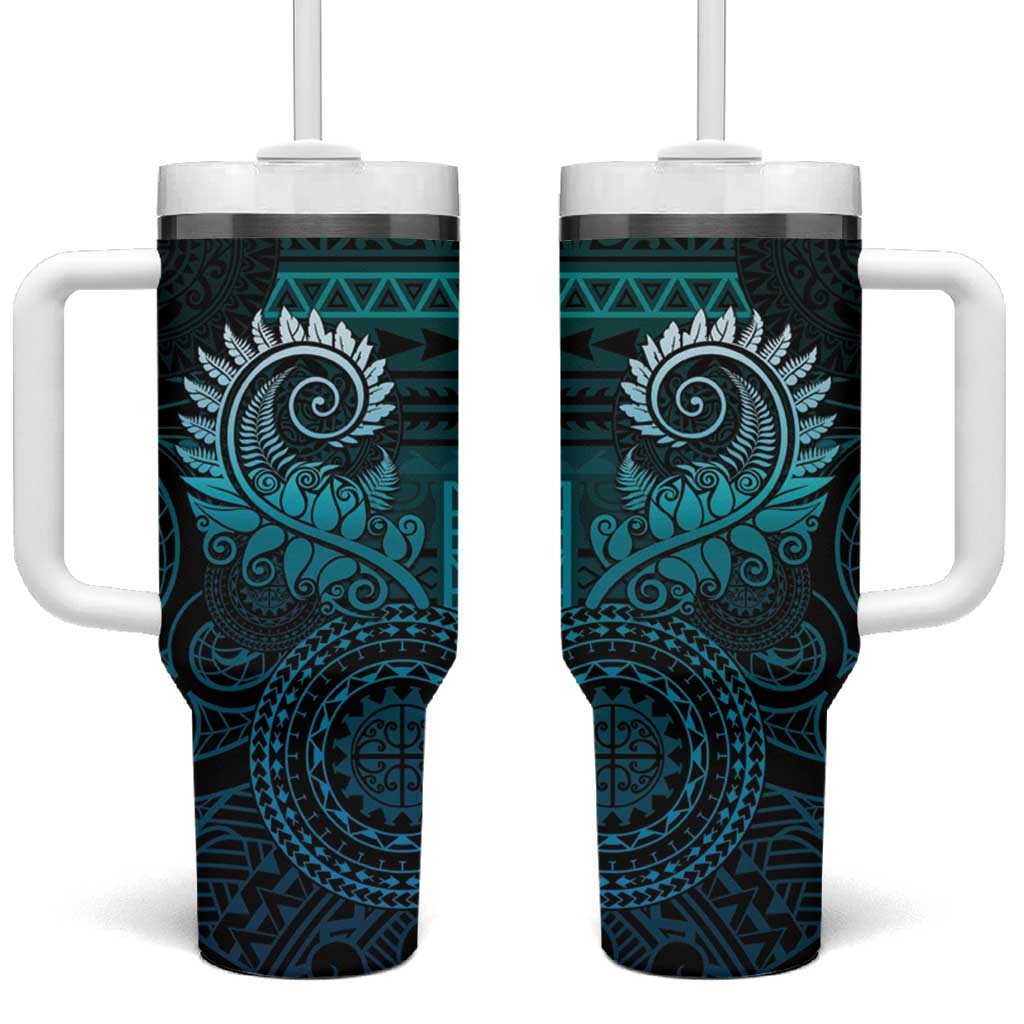 New Zealand Maori Koru Fern Tumbler With Handle Spiral Polynesian Style Aqua Gradient