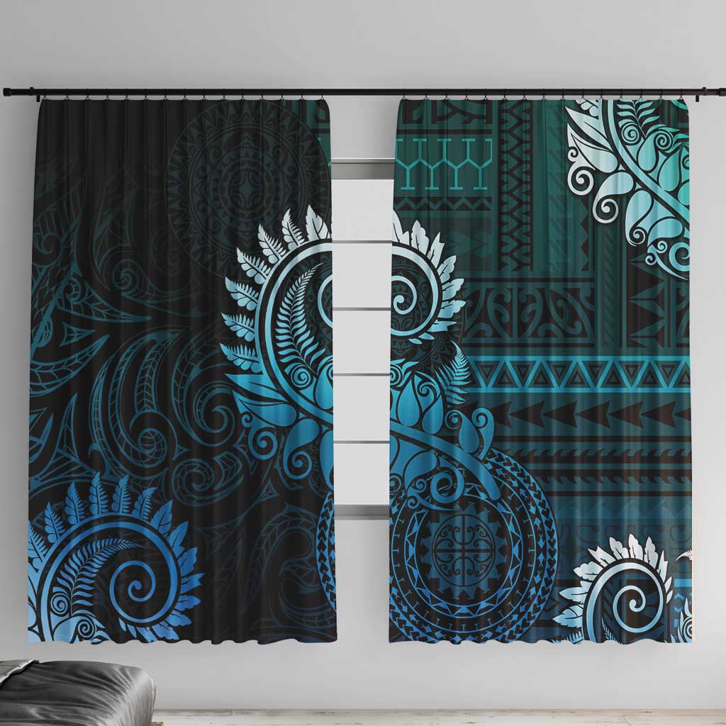 New Zealand Maori Koru Fern Window Curtain Spiral Polynesian Style Aqua Gradient LT05 With Hooks Aqua - Polynesian Pride