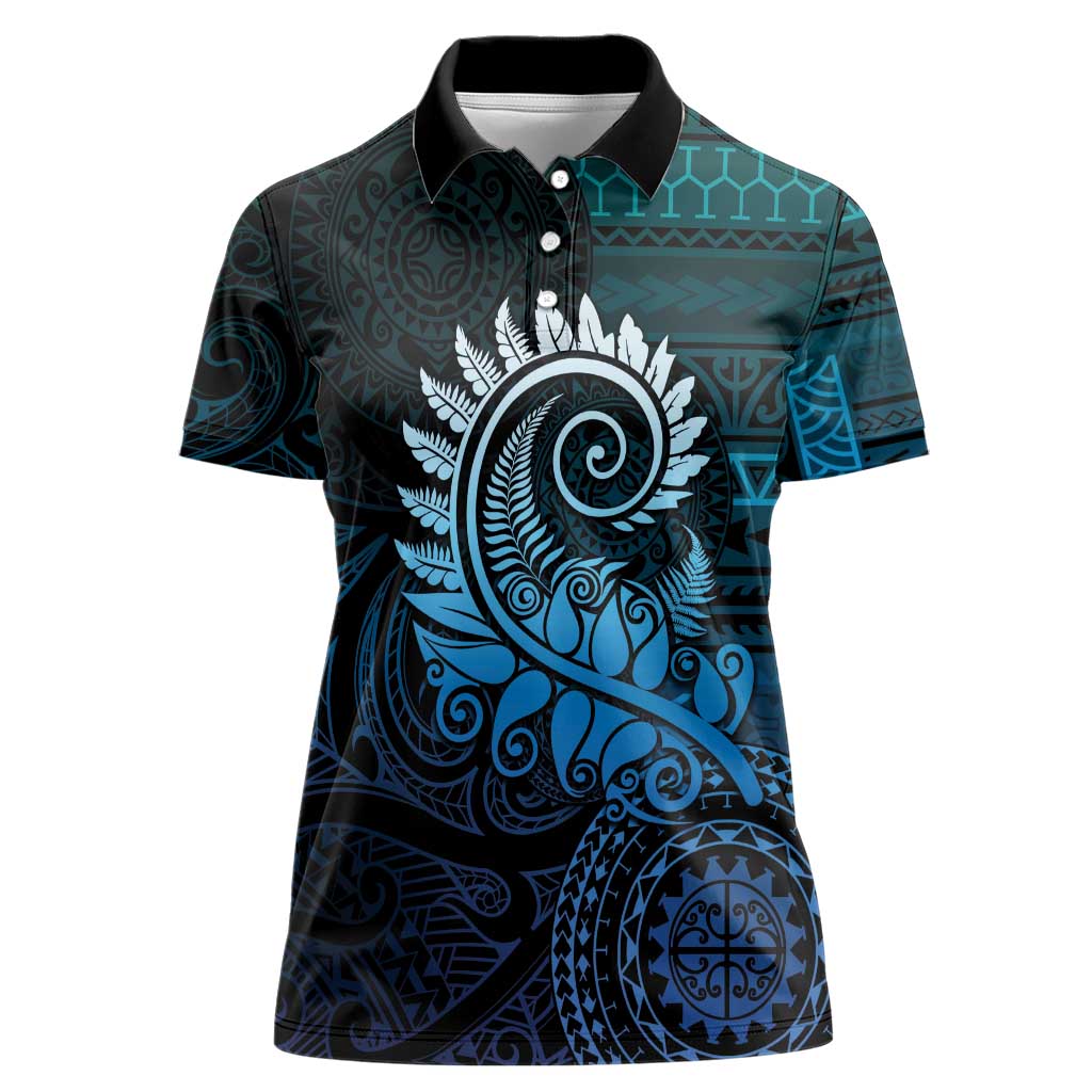 New Zealand Maori Koru Fern Women Polo Shirt Spiral Polynesian Style Aqua Gradient