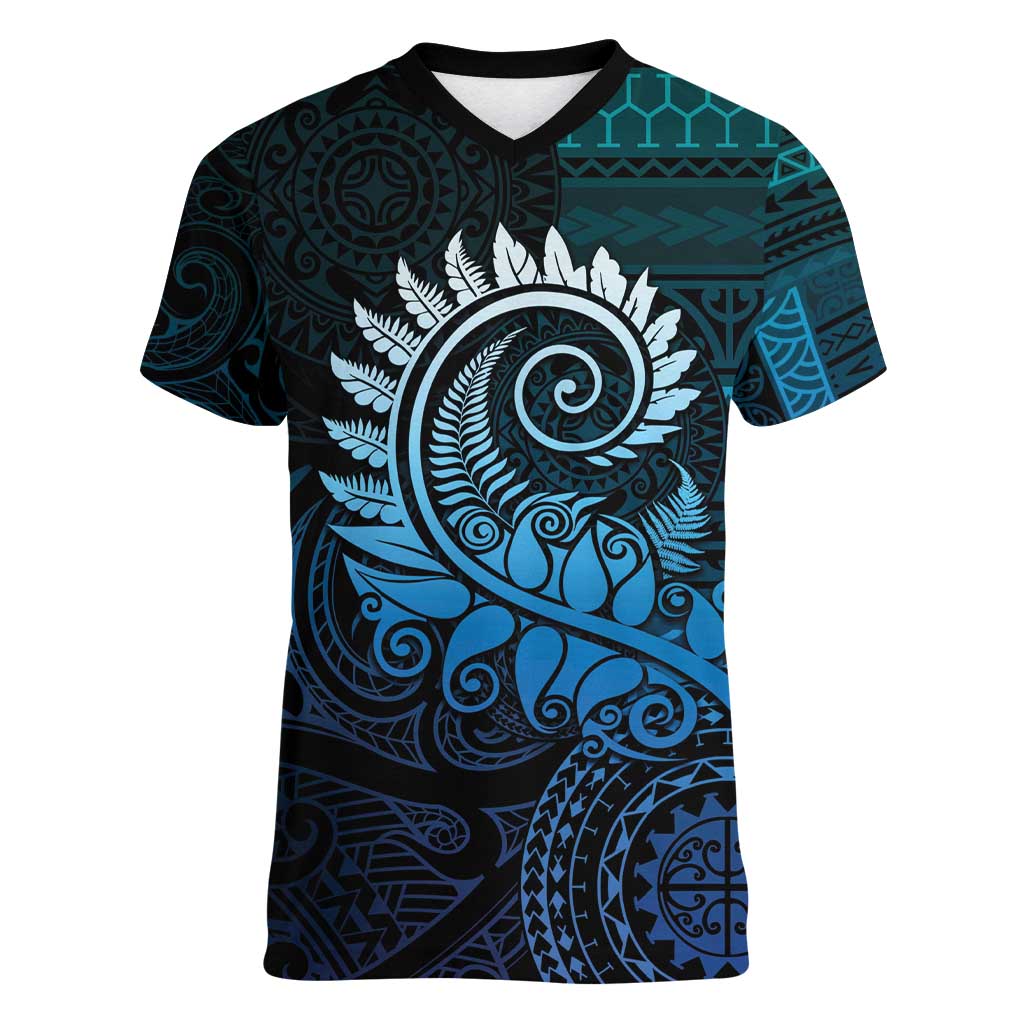New Zealand Maori Koru Fern Women V-Neck T-Shirt Spiral Polynesian Style Aqua Gradient LT05 Female Aqua - Polynesian Pride