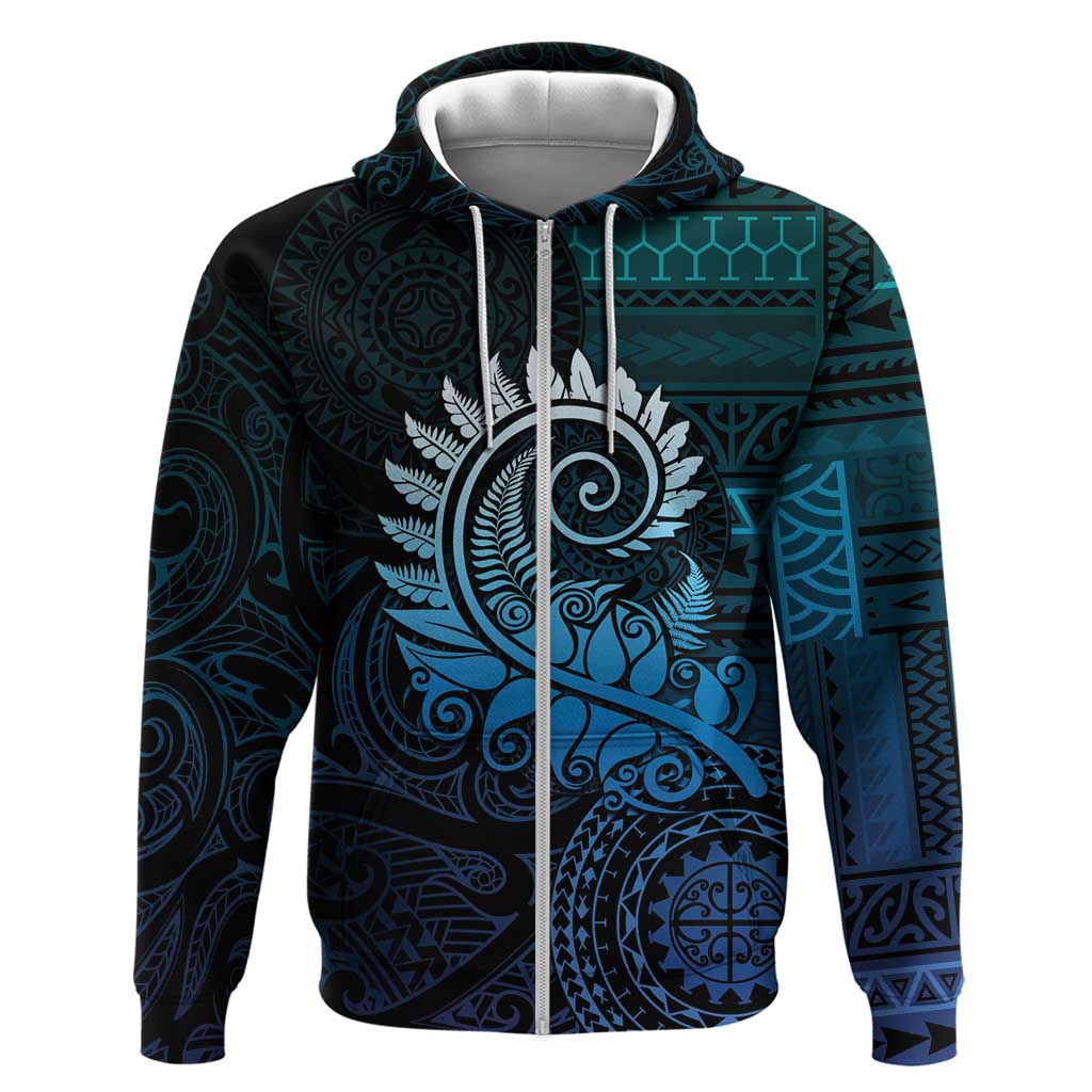 New Zealand Maori Koru Fern Zip Hoodie Spiral Polynesian Style Aqua Gradient