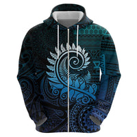 New Zealand Maori Koru Fern Zip Hoodie Spiral Polynesian Style Aqua Gradient