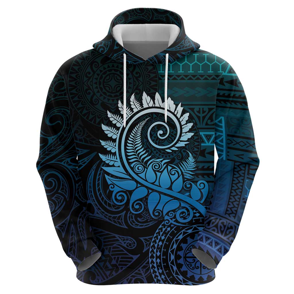 New Zealand Maori Koru Fern Zip Hoodie Spiral Polynesian Style Aqua Gradient