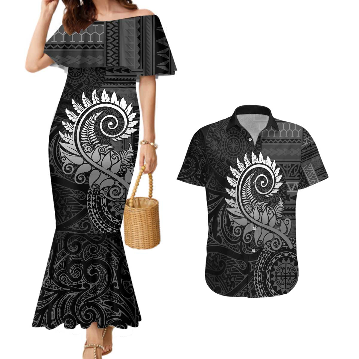 New Zealand Maori Koru Fern Couples Matching Mermaid Dress and Hawaiian Shirt Spiral Polynesian Style Gray