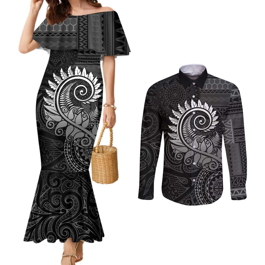 New Zealand Maori Koru Fern Couples Matching Mermaid Dress and Long Sleeve Button Shirt Spiral Polynesian Style Gray