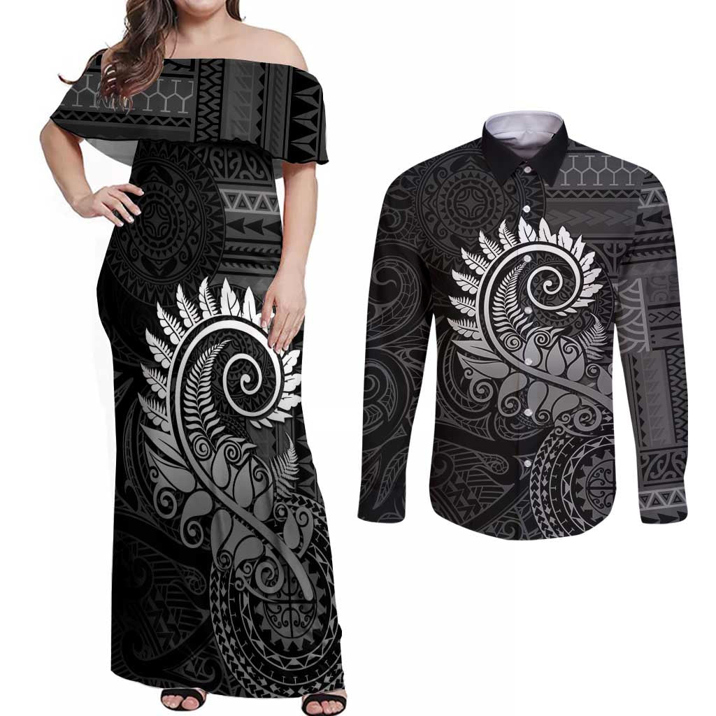 New Zealand Maori Koru Fern Couples Matching Off Shoulder Maxi Dress and Long Sleeve Button Shirt Spiral Polynesian Style Gray