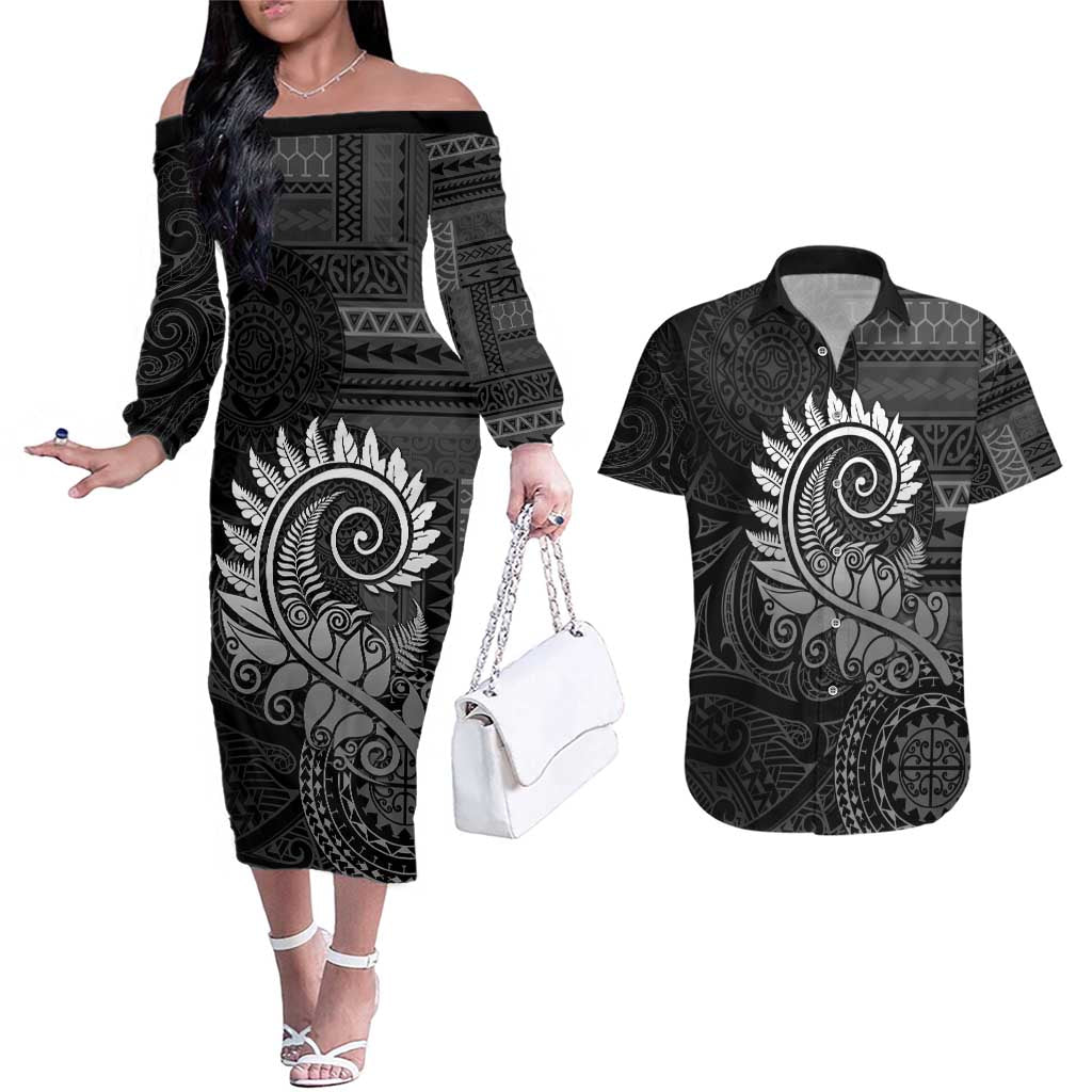 New Zealand Maori Koru Fern Couples Matching Off The Shoulder Long Sleeve Dress and Hawaiian Shirt Spiral Polynesian Style Gray