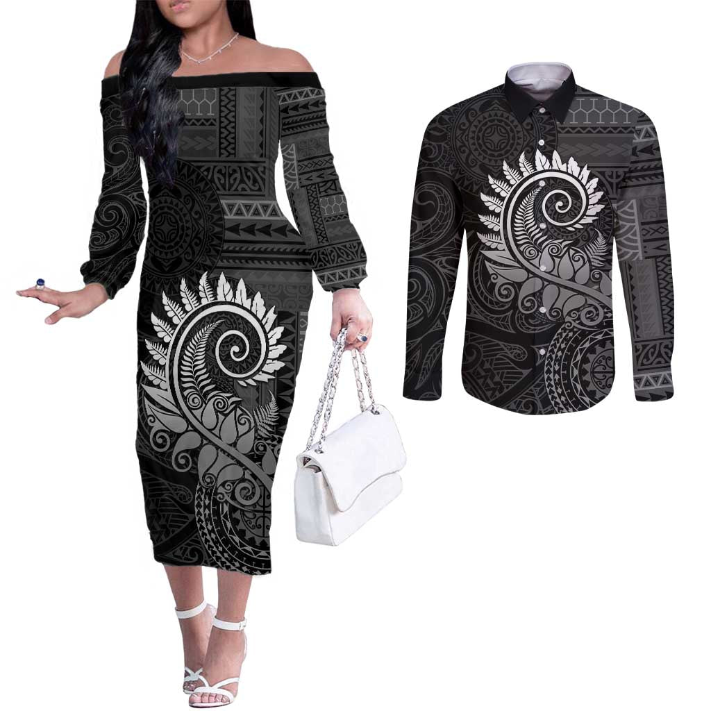 New Zealand Maori Koru Fern Couples Matching Off The Shoulder Long Sleeve Dress and Long Sleeve Button Shirt Spiral Polynesian Style Gray