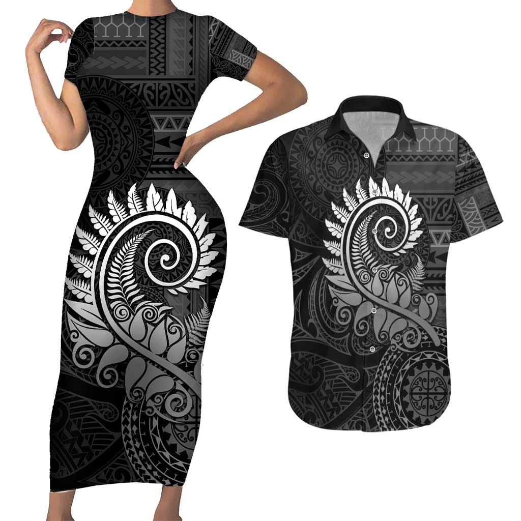 New Zealand Maori Koru Fern Couples Matching Short Sleeve Bodycon Dress and Hawaiian Shirt Spiral Polynesian Style Gray