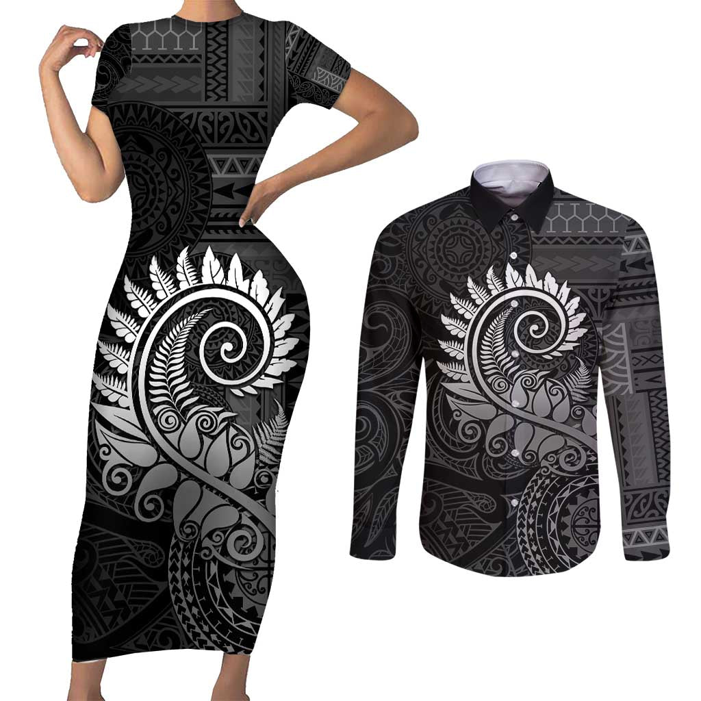 New Zealand Maori Koru Fern Couples Matching Short Sleeve Bodycon Dress and Long Sleeve Button Shirt Spiral Polynesian Style Gray