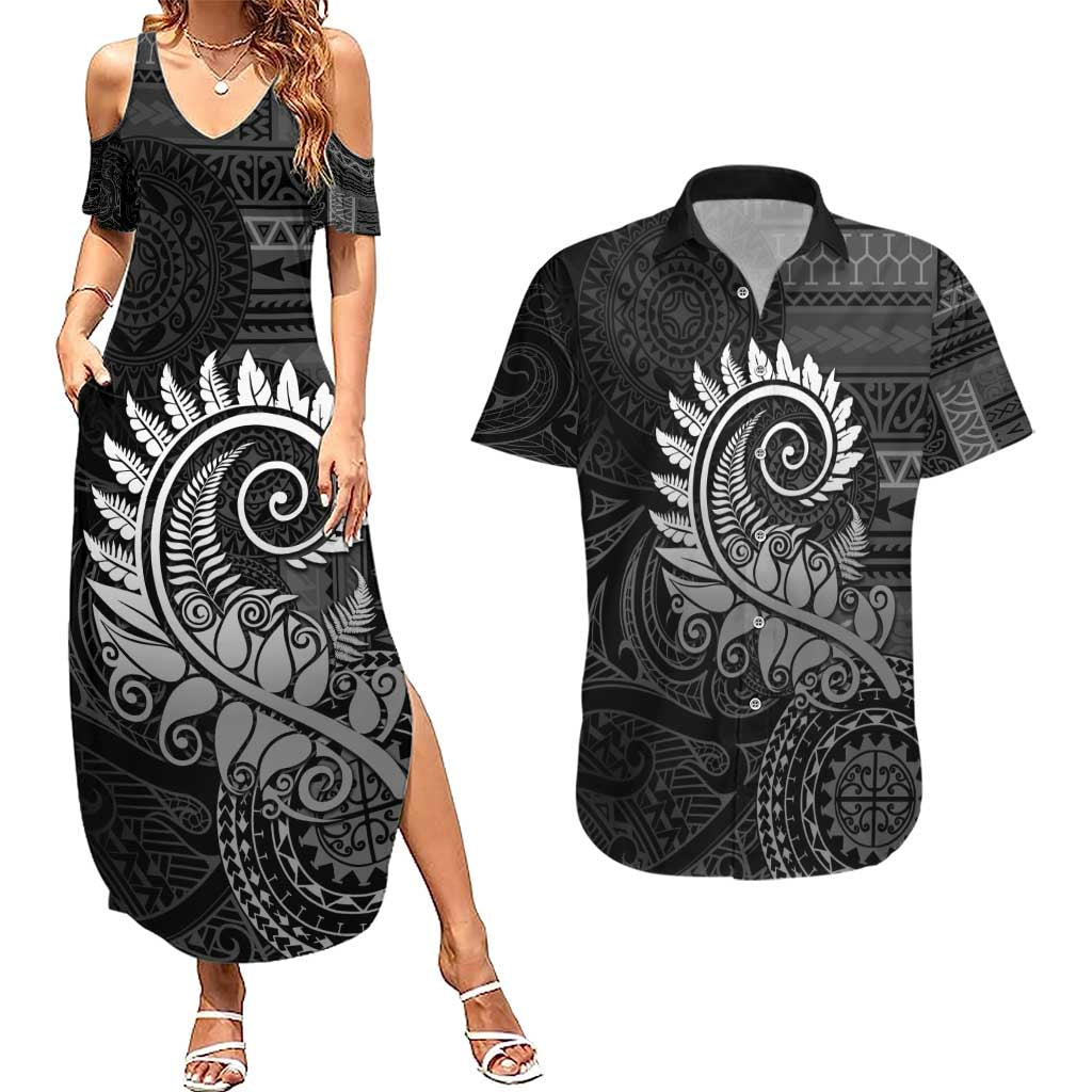 New Zealand Maori Koru Fern Couples Matching Summer Maxi Dress and Hawaiian Shirt Spiral Polynesian Style Gray