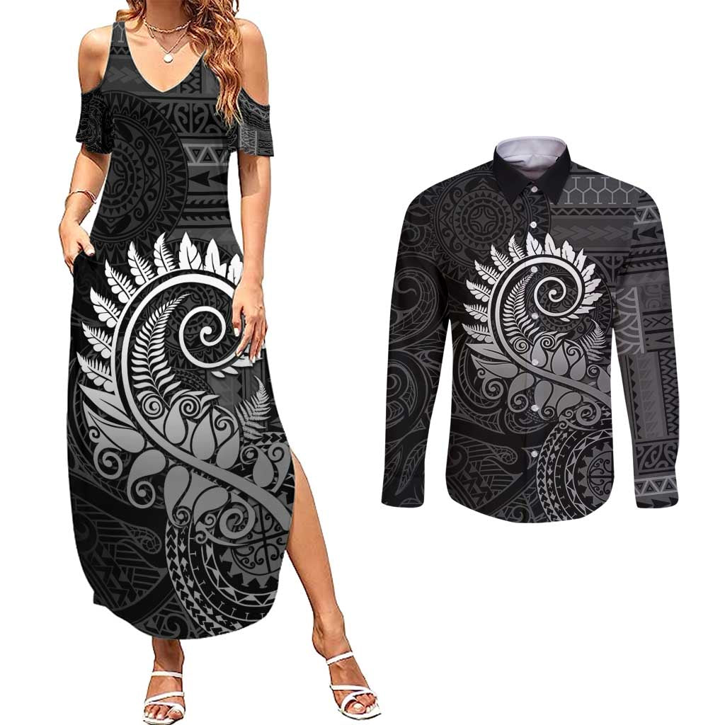 New Zealand Maori Koru Fern Couples Matching Summer Maxi Dress and Long Sleeve Button Shirt Spiral Polynesian Style Gray