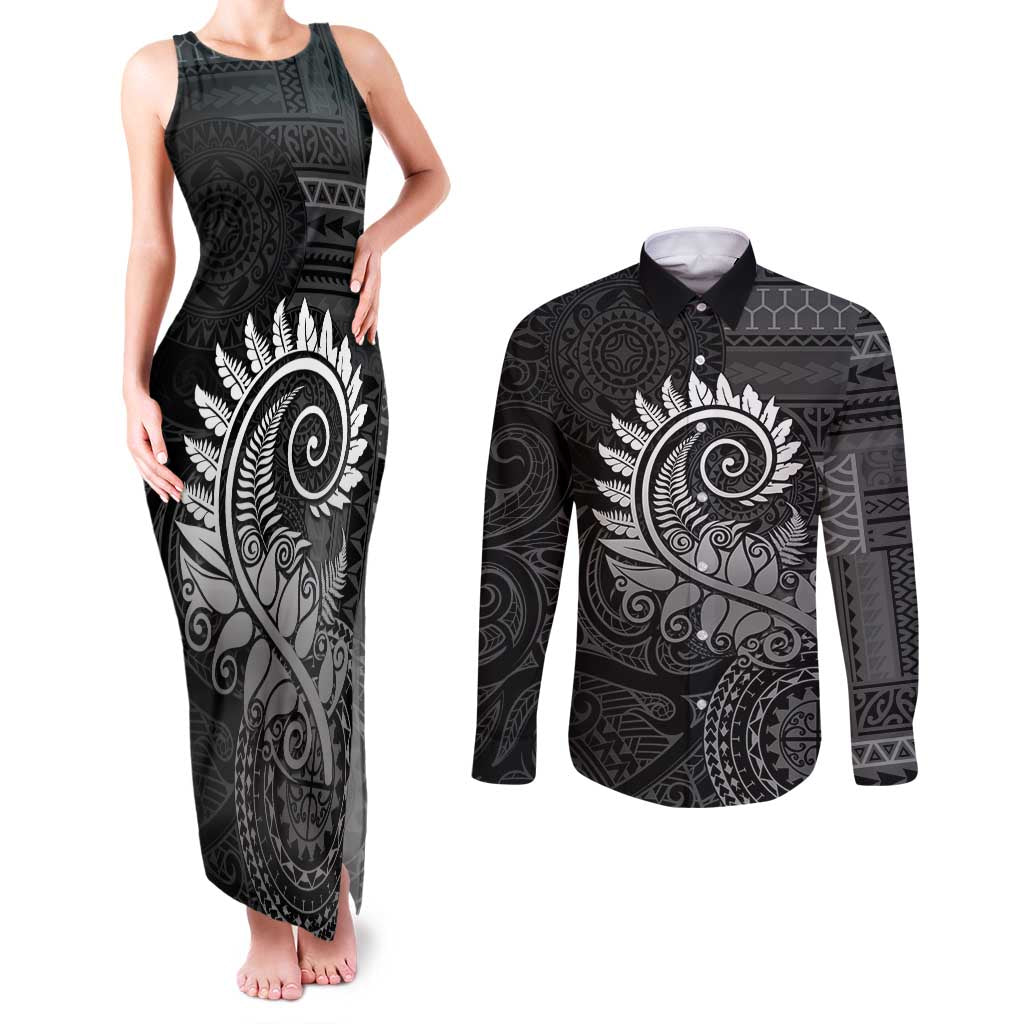 New Zealand Maori Koru Fern Couples Matching Tank Maxi Dress and Long Sleeve Button Shirt Spiral Polynesian Style Gray