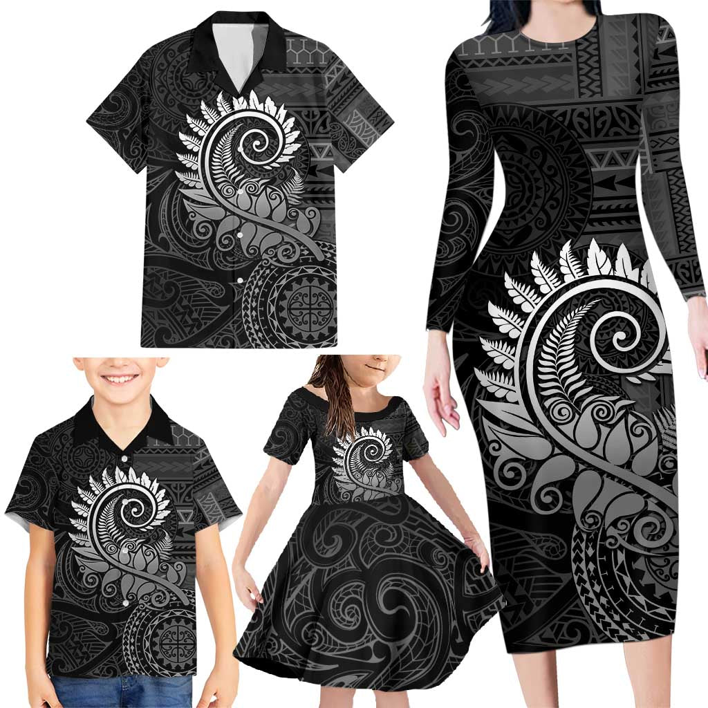 New Zealand Maori Koru Fern Family Matching Long Sleeve Bodycon Dress and Hawaiian Shirt Spiral Polynesian Style Gray