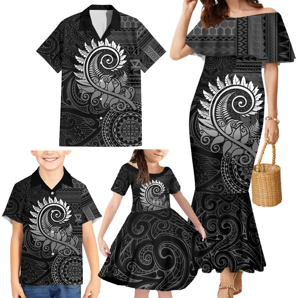 New Zealand Maori Koru Fern Family Matching Mermaid Dress and Hawaiian Shirt Spiral Polynesian Style Gray