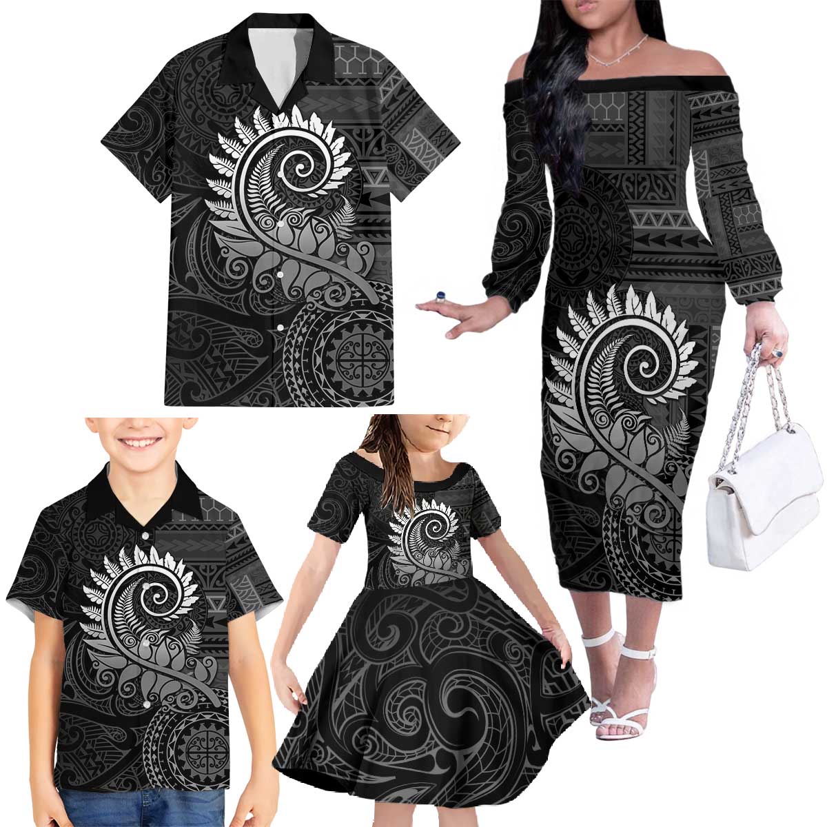 New Zealand Maori Koru Fern Family Matching Off The Shoulder Long Sleeve Dress and Hawaiian Shirt Spiral Polynesian Style Gray