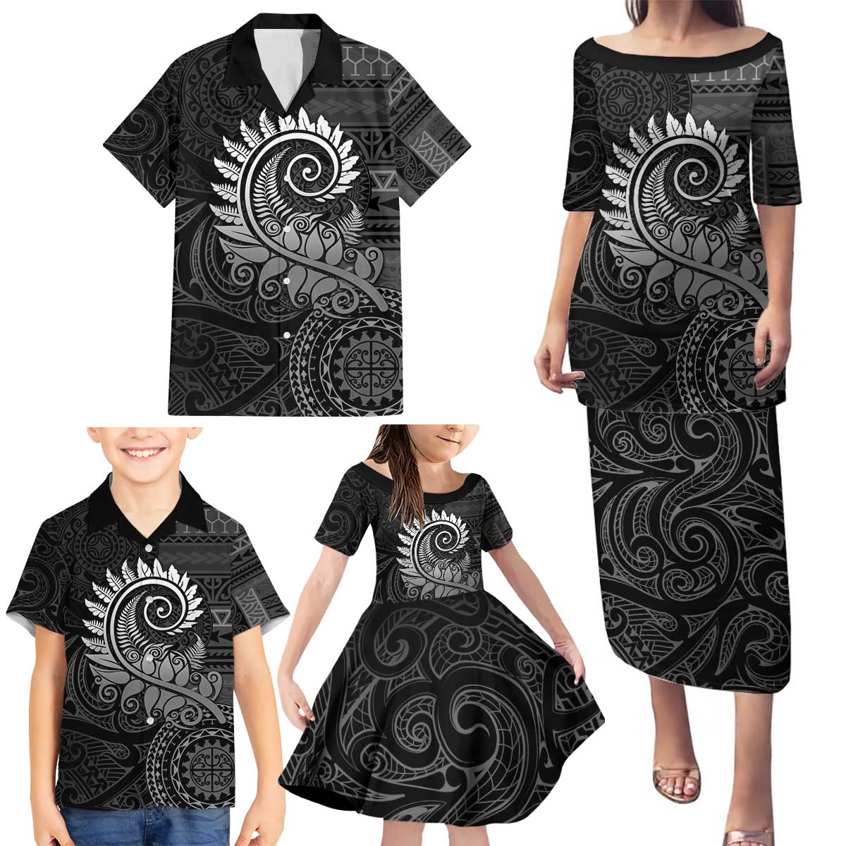 New Zealand Maori Koru Fern Family Matching Puletasi and Hawaiian Shirt Spiral Polynesian Style Gray