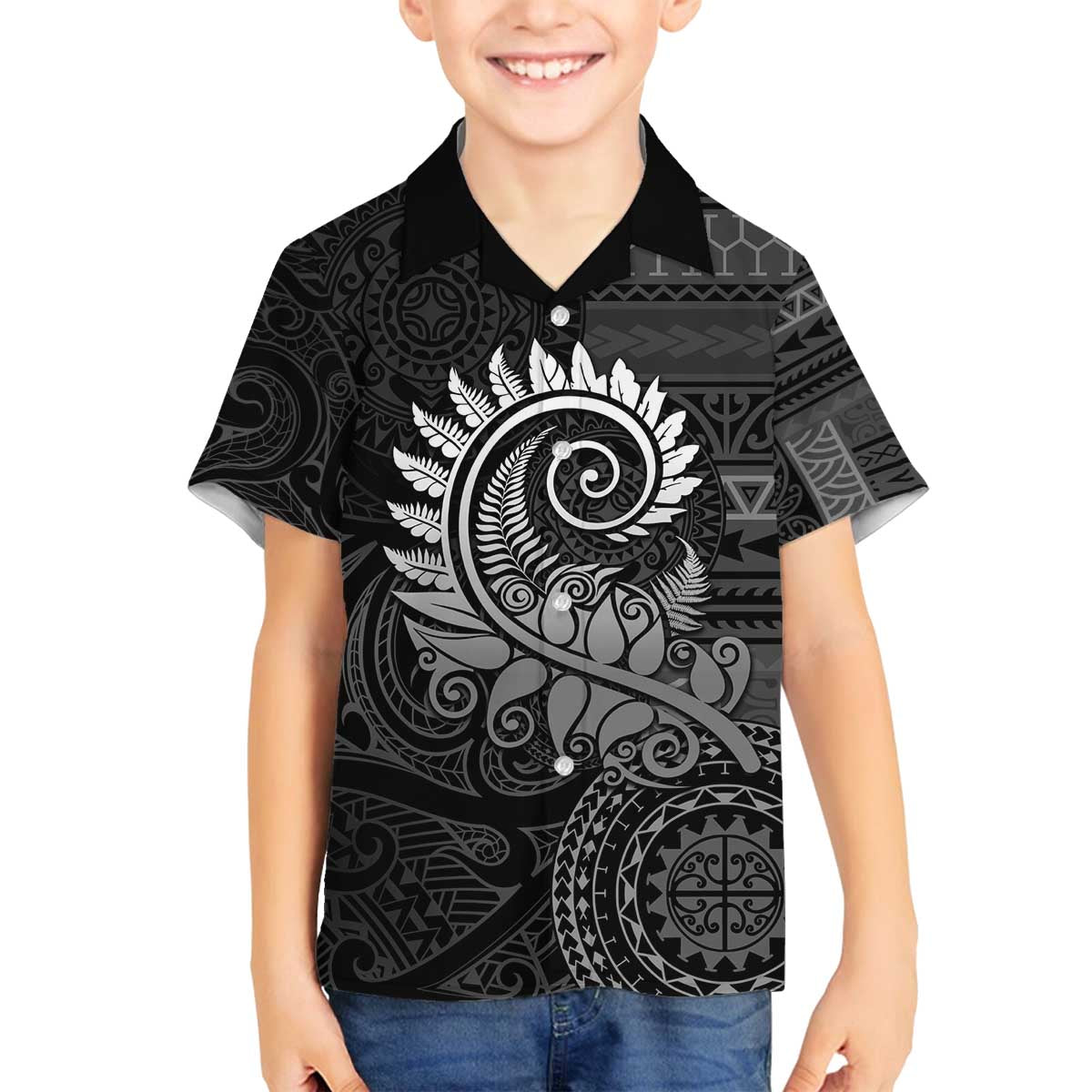 New Zealand Maori Koru Fern Family Matching Puletasi and Hawaiian Shirt Spiral Polynesian Style Gray
