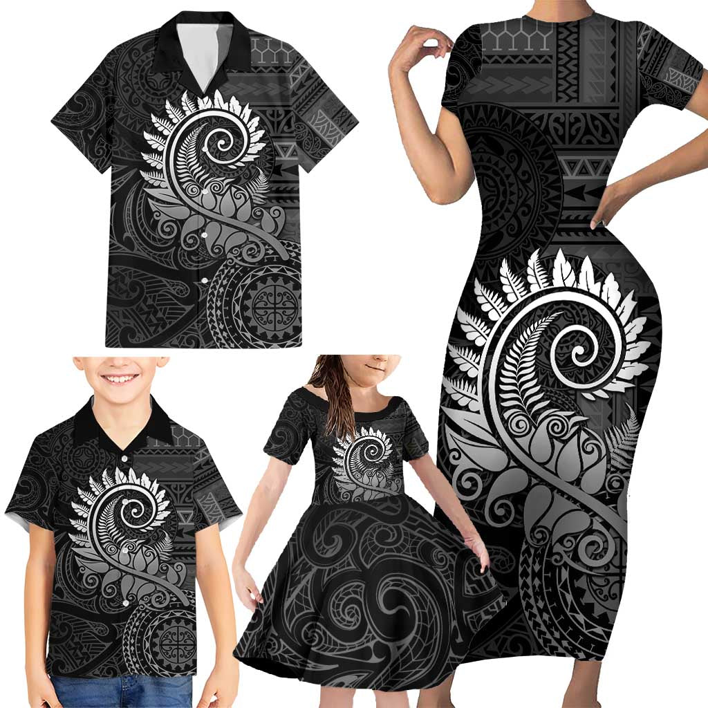 New Zealand Maori Koru Fern Family Matching Short Sleeve Bodycon Dress and Hawaiian Shirt Spiral Polynesian Style Gray