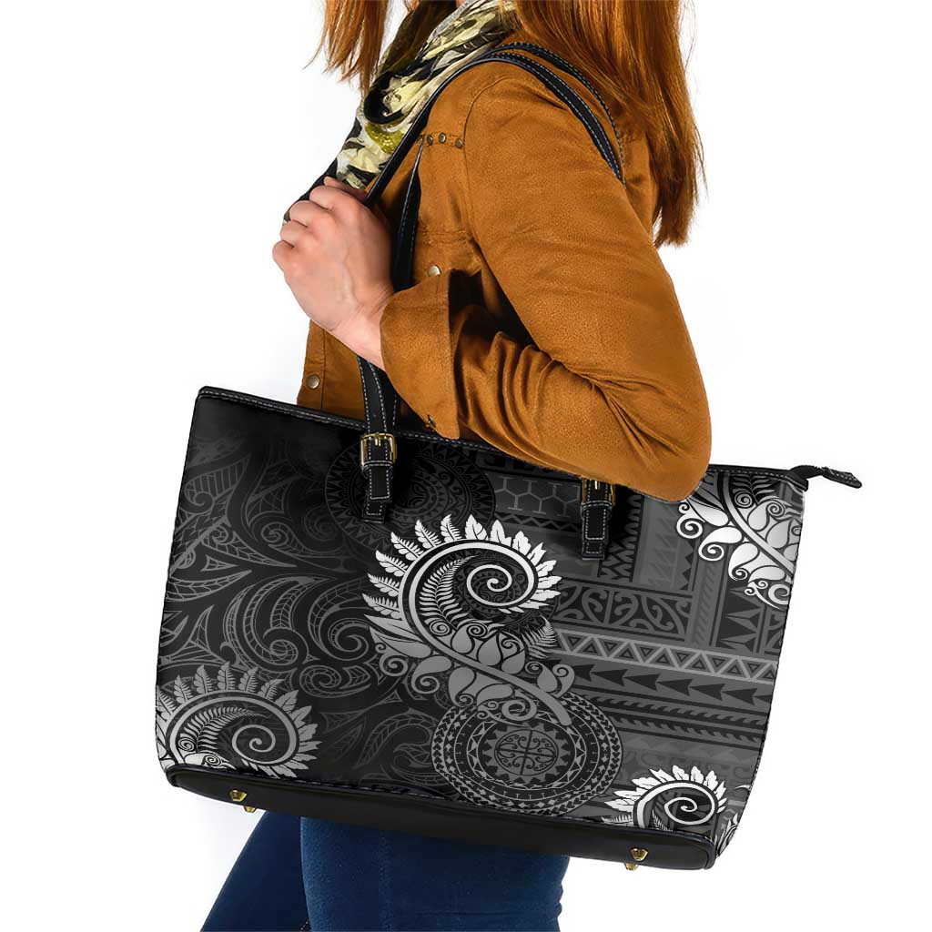 New Zealand Maori Koru Fern Leather Tote Bag Spiral Polynesian Style Gray