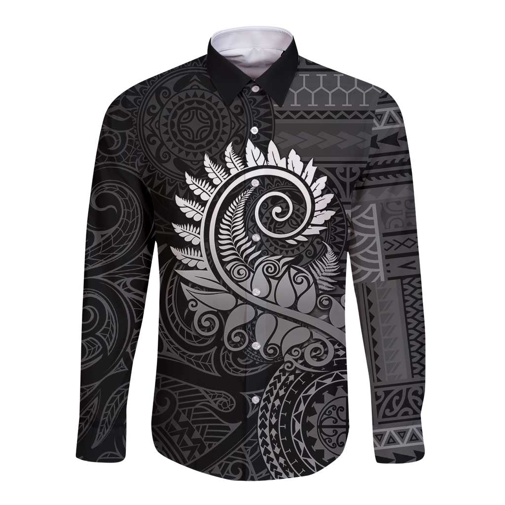 New Zealand Maori Koru Fern Long Sleeve Button Shirt Spiral Polynesian Style Gray