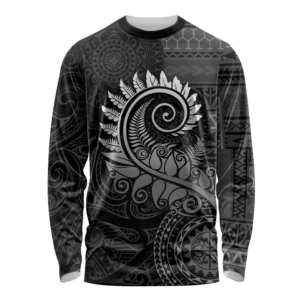 New Zealand Maori Koru Fern Long Sleeve Shirt Spiral Polynesian Style Gray