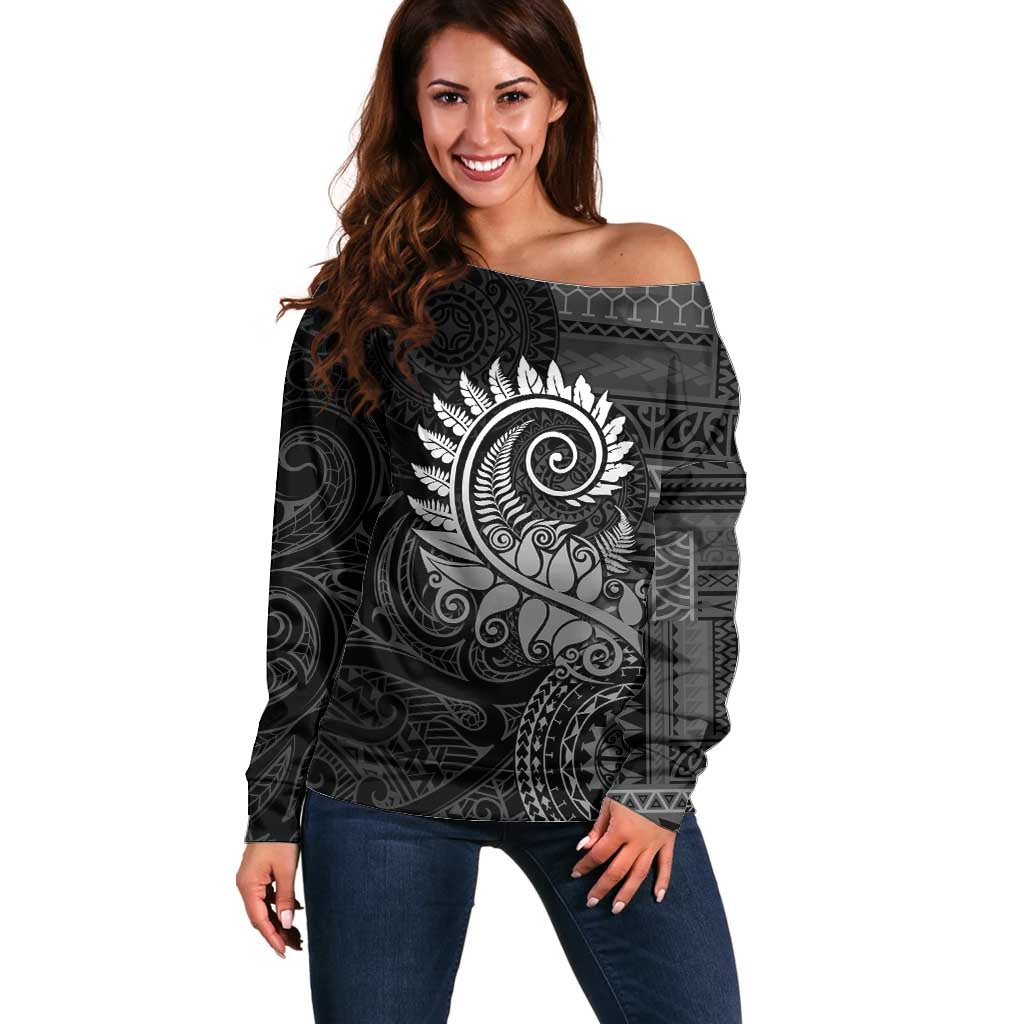 New Zealand Maori Koru Fern Off Shoulder Sweater Spiral Polynesian Style Gray