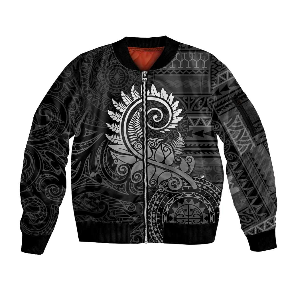 New Zealand Maori Koru Fern Sleeve Zip Bomber Jacket Spiral Polynesian Style Gray