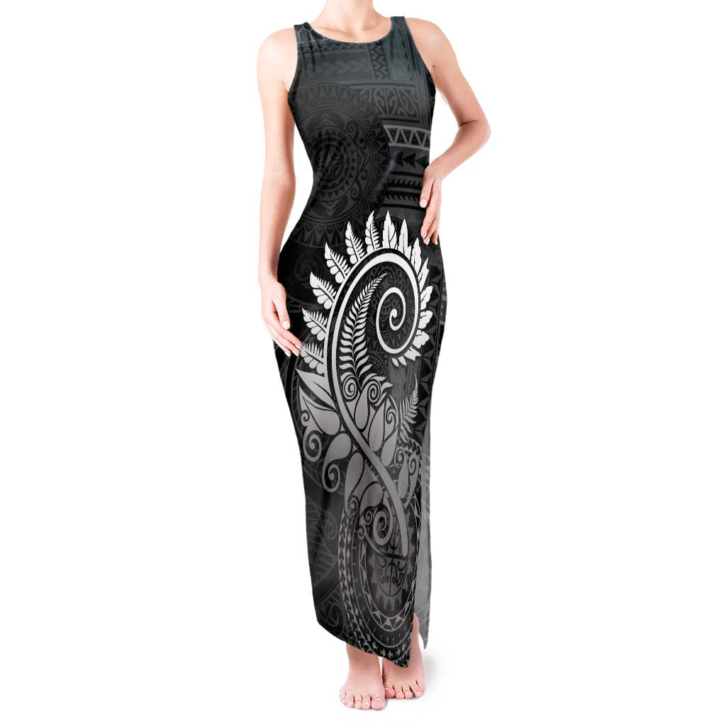 New Zealand Maori Koru Fern Tank Maxi Dress Spiral Polynesian Style Gray