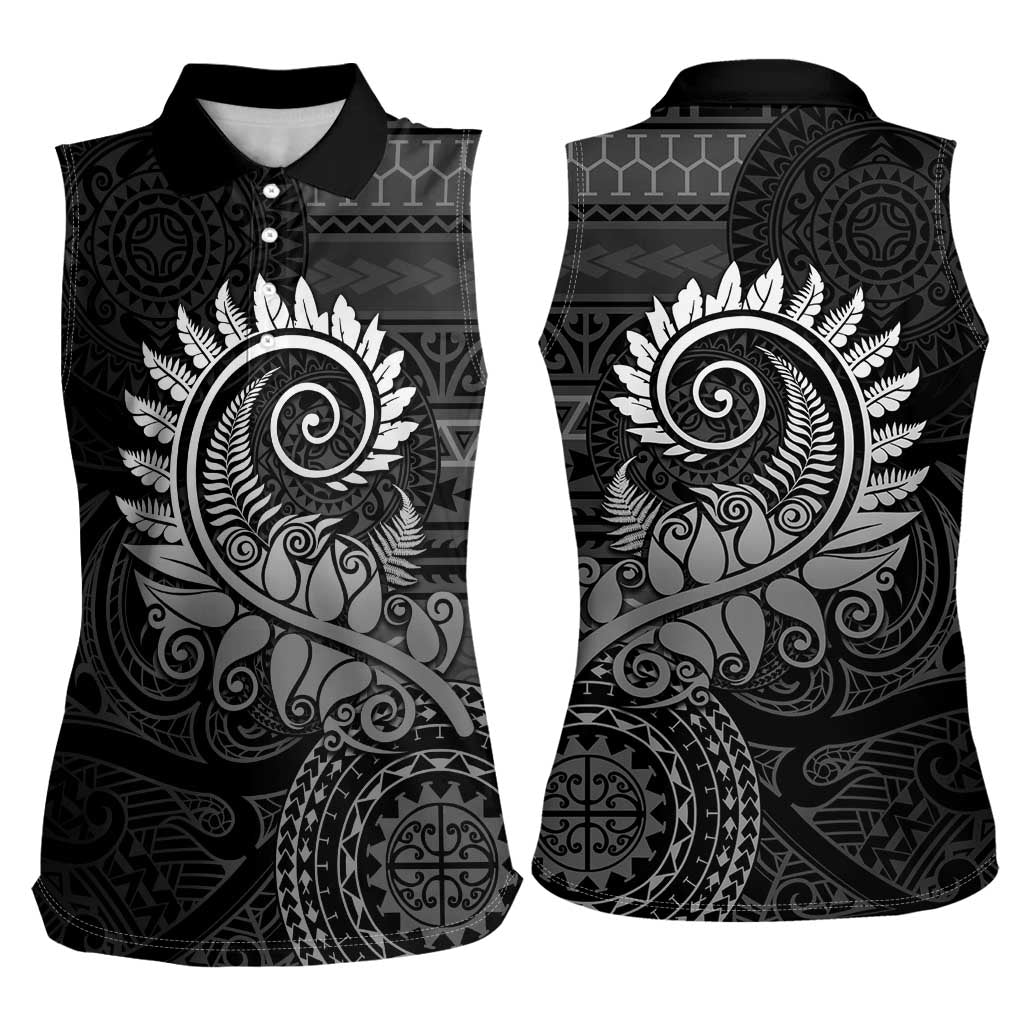 New Zealand Maori Koru Fern Women Sleeveless Polo Shirt Spiral Polynesian Style Gray