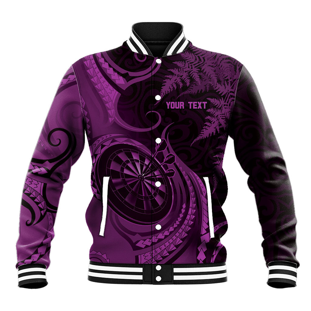 Personalised New Zealand Purple Darts Baseball Jacket Maori Fern Curve Style