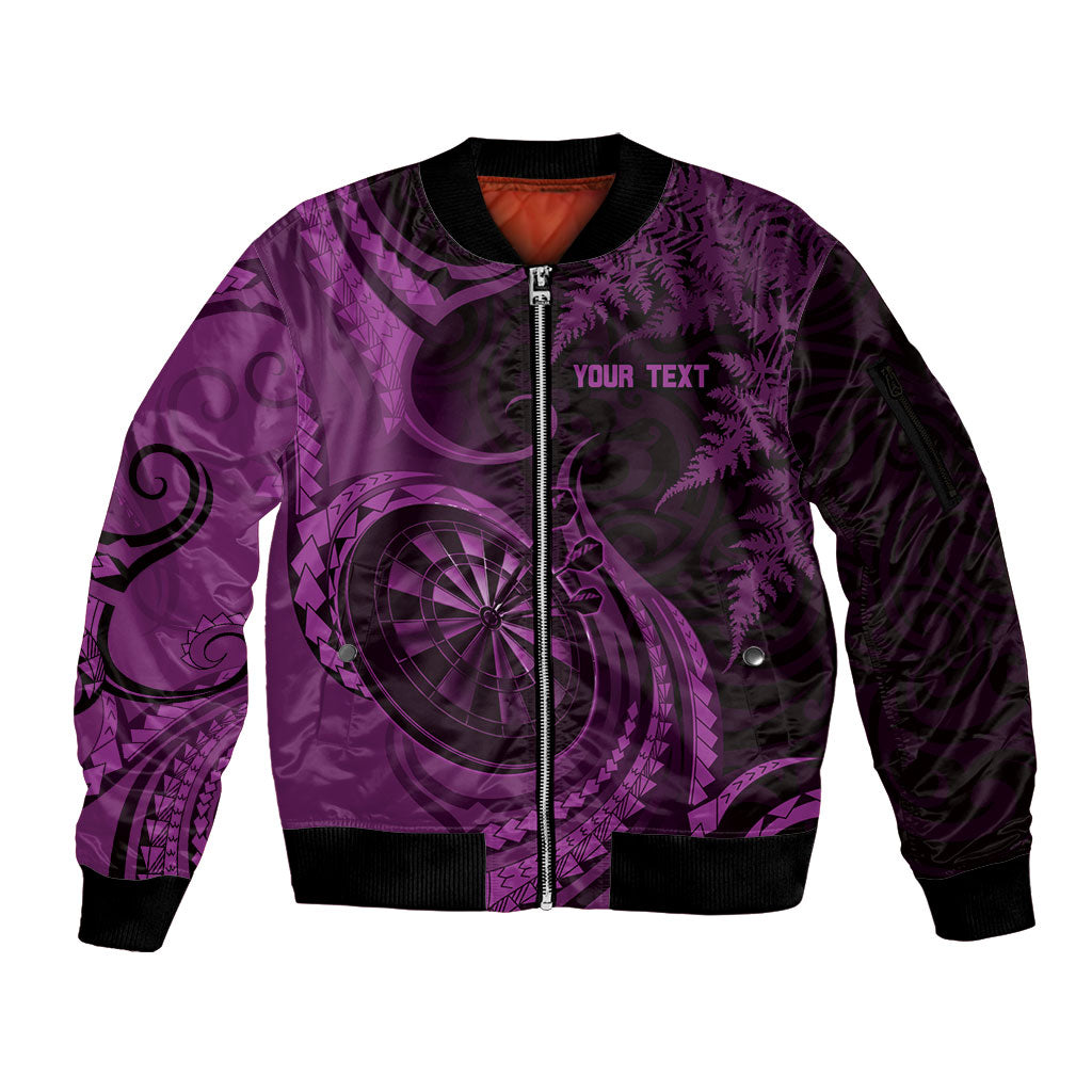 Personalised New Zealand Purple Darts Sleeve Zip Bomber Jacket Maori Fern Curve Style