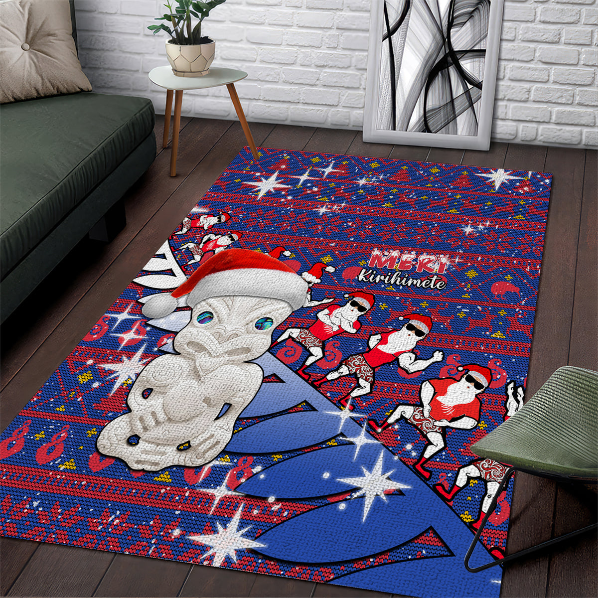 New Zealand Christmas Area Rug Haka Fern Santa Tiki Meri Kirihimete LT05 Blue - Polynesian Pride