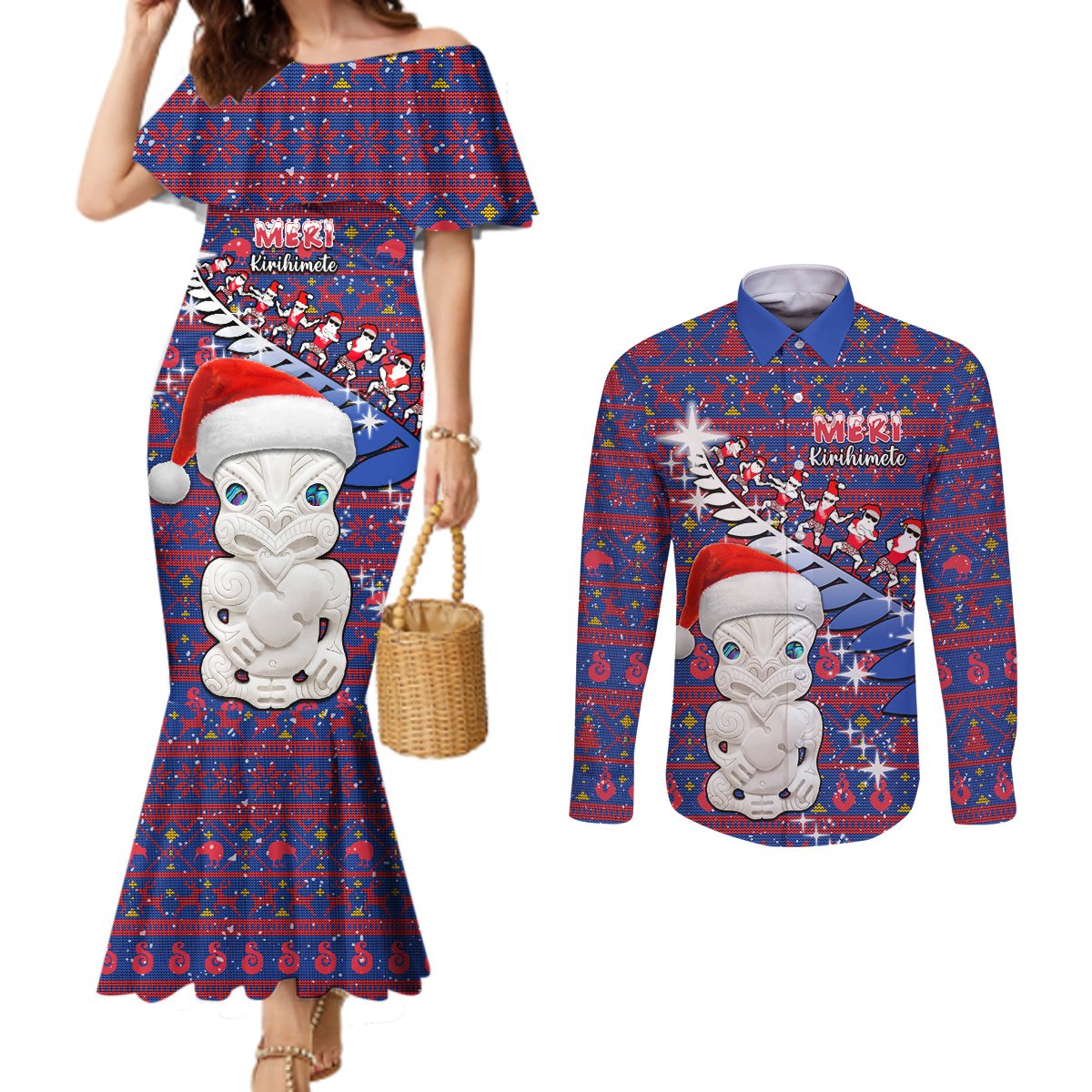 Personalized New Zealand Christmas Couples Matching Mermaid Dress and Long Sleeve Button Shirts Haka Fern Santa Tiki Meri Kirihimete LT05 Blue - Polynesian Pride