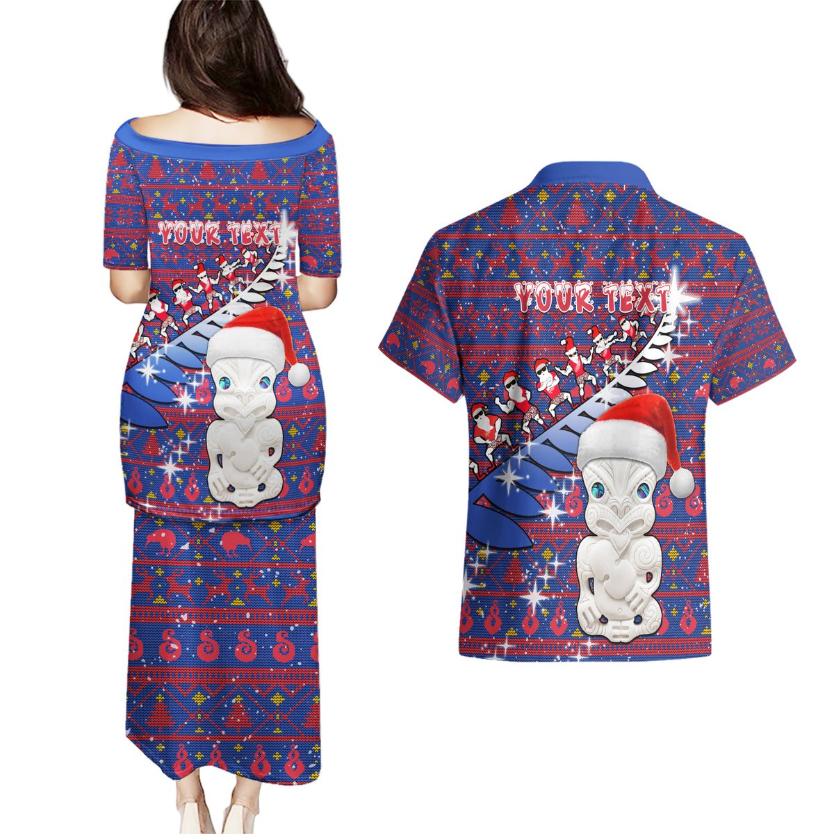 Personalized New Zealand Christmas Couples Matching Puletasi Dress and Hawaiian Shirt Haka Fern Santa Tiki Meri Kirihimete LT05 - Polynesian Pride