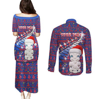 Personalized New Zealand Christmas Couples Matching Puletasi Dress and Long Sleeve Button Shirts Haka Fern Santa Tiki Meri Kirihimete LT05 - Polynesian Pride