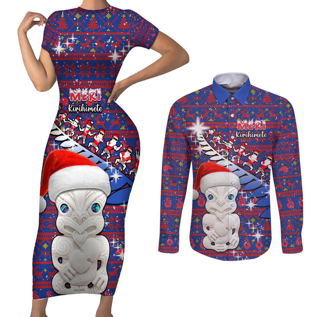Personalized New Zealand Christmas Couples Matching Short Sleeve Bodycon Dress and Long Sleeve Button Shirts Haka Fern Santa Tiki Meri Kirihimete LT05 Blue - Polynesian Pride