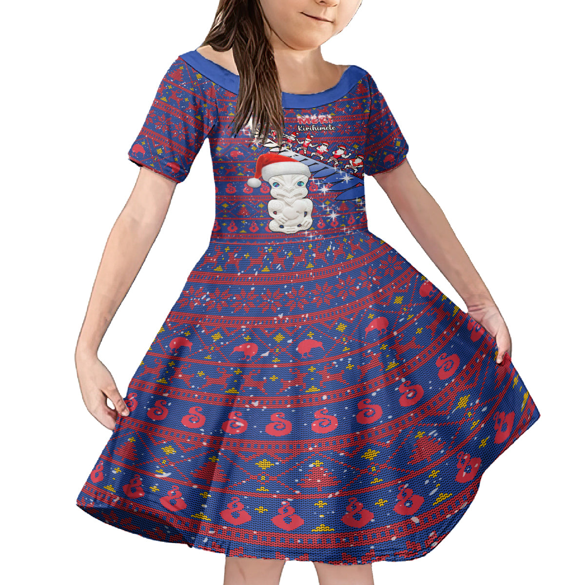 Personalized New Zealand Christmas Family Matching Off Shoulder Long Sleeve Dress and Hawaiian Shirt Haka Fern Santa Tiki Meri Kirihimete LT05 Daughter's Dress Blue - Polynesian Pride