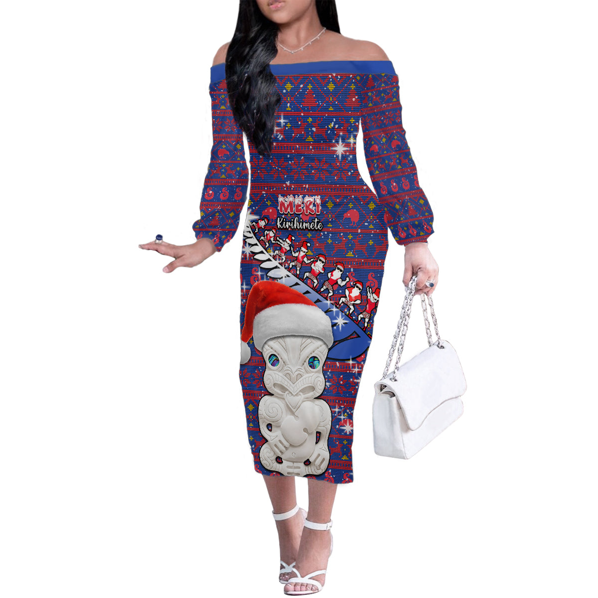 Personalized New Zealand Christmas Family Matching Off Shoulder Long Sleeve Dress and Hawaiian Shirt Haka Fern Santa Tiki Meri Kirihimete LT05 Mom's Dress Blue - Polynesian Pride
