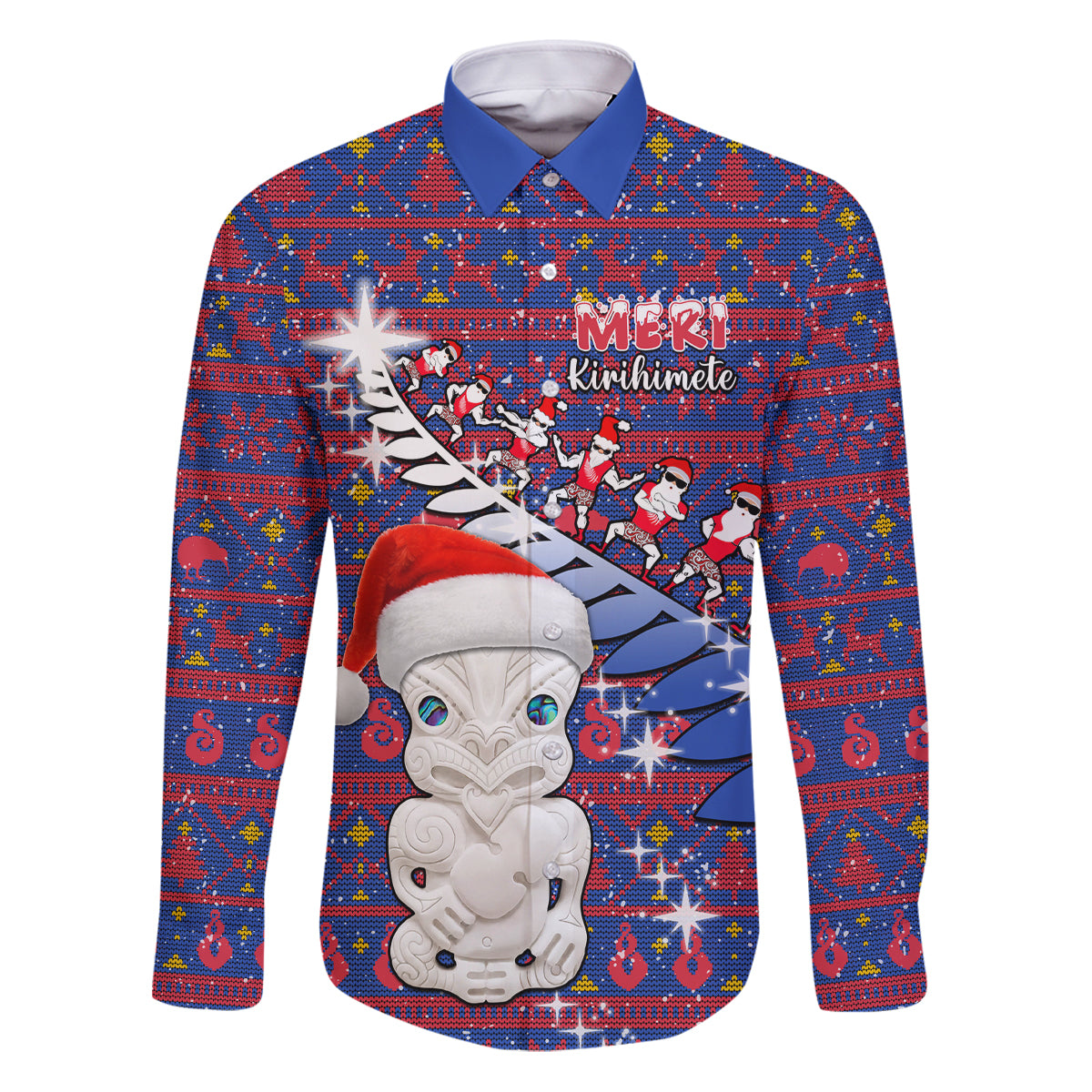 Personalized New Zealand Christmas Family Matching Puletasi Dress and Hawaiian Shirt Haka Fern Santa Tiki Meri Kirihimete LT05 Dad's Shirt - Long Sleeve Blue - Polynesian Pride