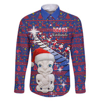 Personalized New Zealand Christmas Family Matching Puletasi Dress and Hawaiian Shirt Haka Fern Santa Tiki Meri Kirihimete LT05 Dad's Shirt - Long Sleeve Blue - Polynesian Pride