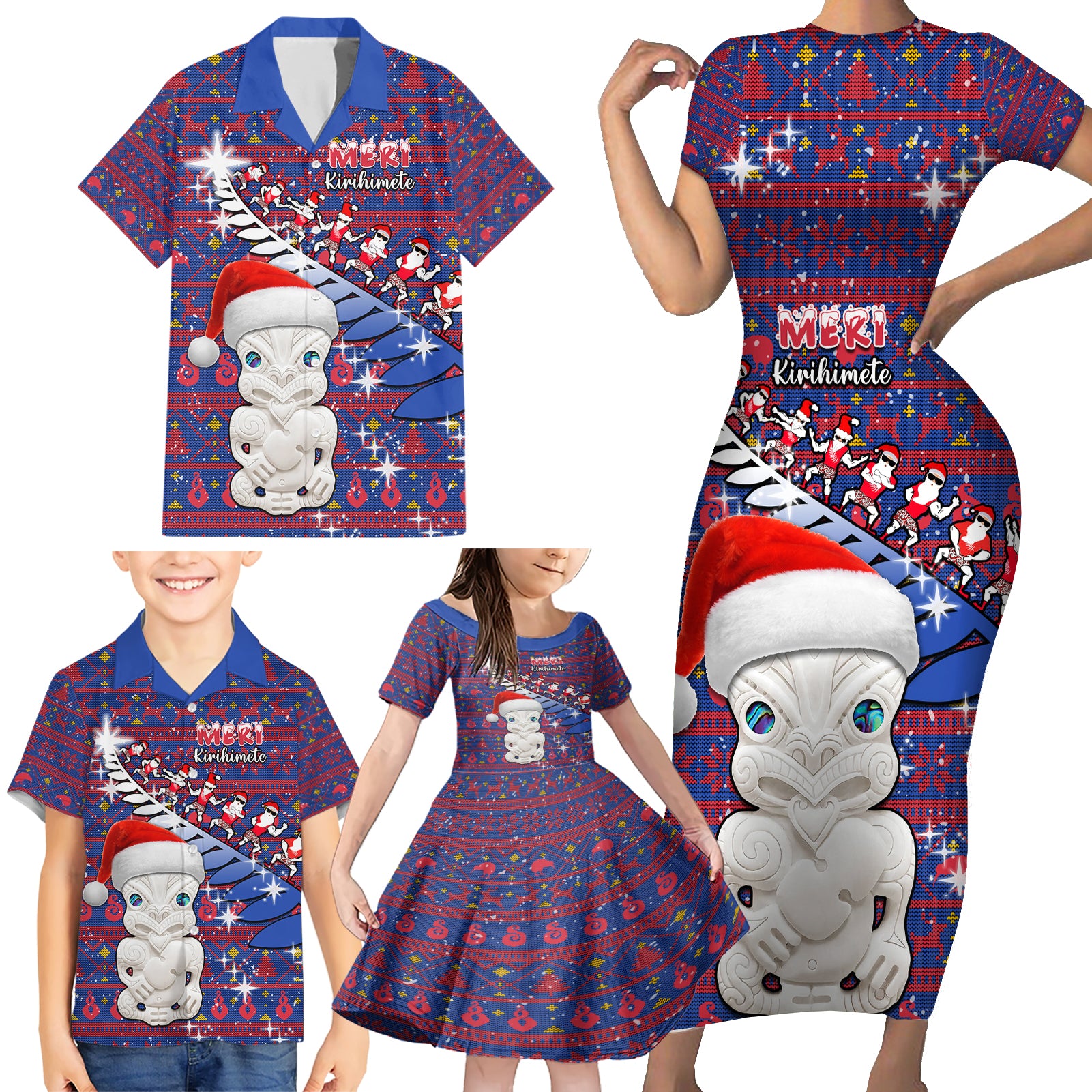 Personalized New Zealand Christmas Family Matching Short Sleeve Bodycon Dress and Hawaiian Shirt Haka Fern Santa Tiki Meri Kirihimete LT05 - Polynesian Pride