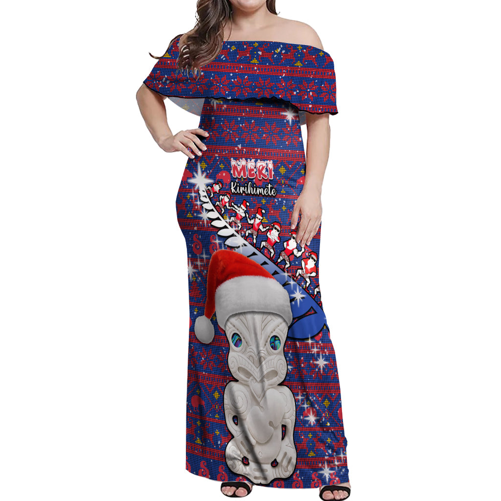 Personalized New Zealand Christmas Off Shoulder Maxi Dress Haka Fern Santa Tiki Meri Kirihimete LT05 Women Blue - Polynesian Pride