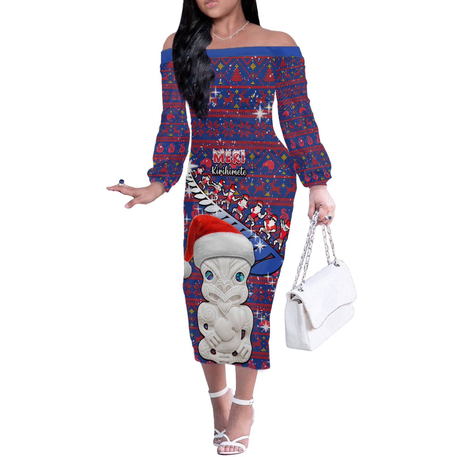 Personalized New Zealand Christmas Off The Shoulder Long Sleeve Dress Haka Fern Santa Tiki Meri Kirihimete LT05 Women Blue - Polynesian Pride